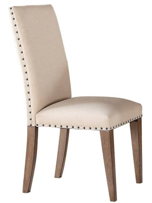 Set Of 2 Wooden Side Chair Upholste In Fabric With Nail Head Cream - Brown - Benzara