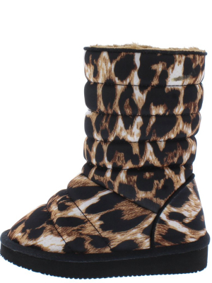 Donna233 Leopard Quilted Pull On Flat Kids Boot