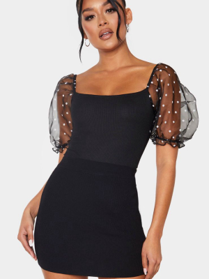 Black Polka Dot Organza Sleeve Bodysuit