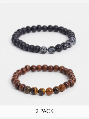 Asos Design Beaded Bracelet Pack With Tigers Eye And Snowflake Obsidian Stones In Brown And Black