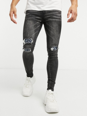 Good For Nothing Skinny Jeans With Ripped Paisley Bandana Knees In Gray