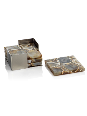 Set/4 Crete Agate Coasters On Metal Tray - Taupe/brown