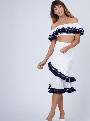 Playa Frill Ruffle Tassel High Waisted Midi Skirt - White & Black