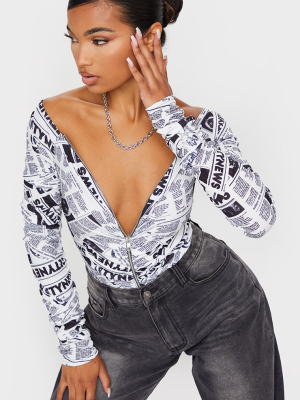 White Newspaper Print Bardot Zip Ruched Sleeve...