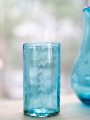 Etched Tall Glass - Aqua Leaves