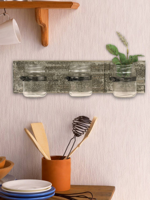 15.4" X 3.7" Rustic Natural Wood Wall Decor With 3 Glass Jars - Stonebriar Collection