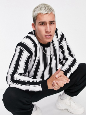 Asos Design Knitted Sweater In Black And White Vertical Stripes