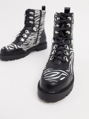 Asos Design Alma Lace Up Zebra Pattern Hiker Boots In Black