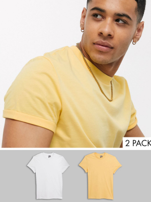 Asos Design 2 Pack T-shirt With Crew Neck And Roll Sleeve