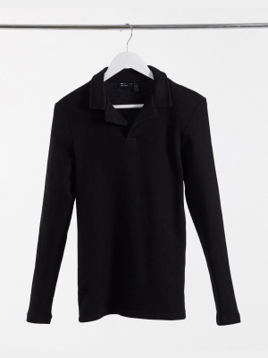 Asos Design Long Sleeve Waffle Revere Polo In Black