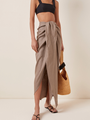 Draped Linen Twill Midi Skirt