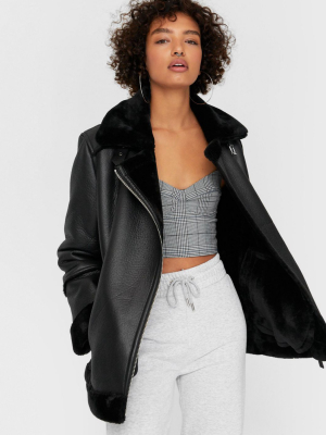 Stradivarius Long Faux-leather Aviator Jacket In Black