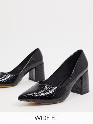 Asos Design Wide Fit Switch Mid Heeled Court Shoes In Black Croc