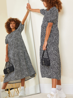 Black Dalmatian Print Puff Sleeve Smock Midi Dress