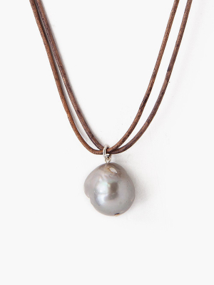Grey Baroque Pearl On Leather Cord Necklace
