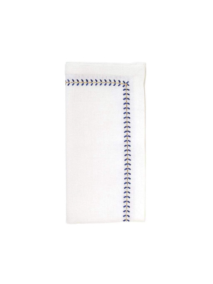 Kim Seybert Herringbone Napkin In White, Cobalt & Metallic - Set Of 4