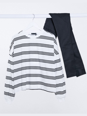 Asos Design Boxy Long Sleeve T-shirt In White And Black Stripe