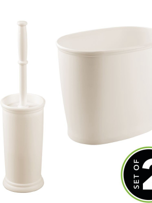 Mdesign 2 Piece Plastic Bathroom Trash Can, Toilet Bowl Brush Set - Cream