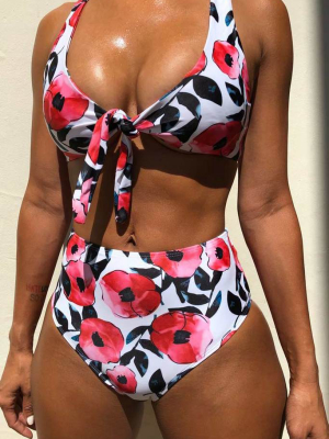 Blooming Floral Knotted Front High Waisted Bikini Swimsuit - Two Piece Set