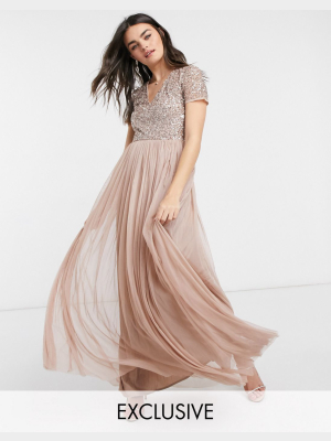 Maya Bridesmaid V Neck Maxi Tulle Dress With Tonal Delicate Sequins In Taupe Blush