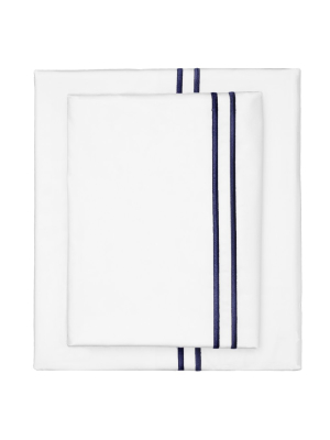 Navy Lines Embroidered Sheet Set (fitted, Flat, & Pillow Cases)