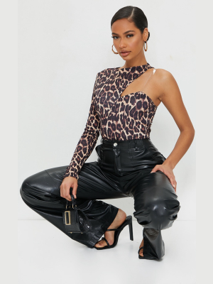 Tan Slinky Leopard Print One Shoulder Bodysuit