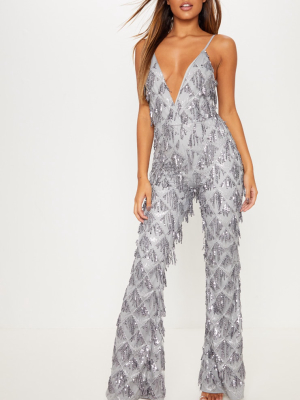 Silver Sequin Tassel Plunge Jumpsuit