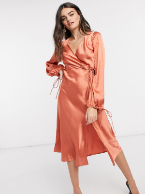 Asos Design Satin Wrap Front Midi Dress