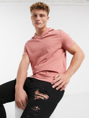 Asos Design Polo With Camp Collar In Dusty Pink