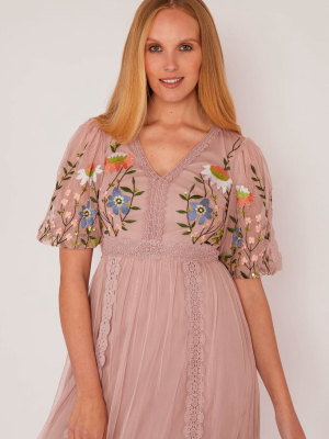 Leanna Embroidered Midi Dress With Puff Sleeves