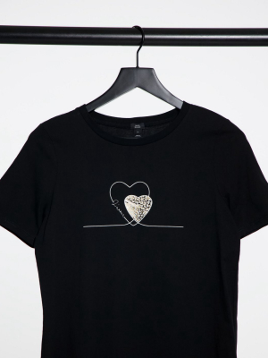 River Island Double Heart Graphic T-shirt In Black