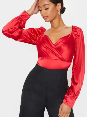 Red Satin Draped Front Long Sleeve Bodysuit