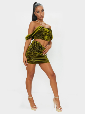 Olive Velvet Double Ruched Seam Mini Skirt