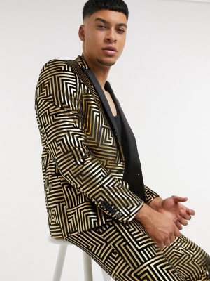 Twisted Tailor Suit Jacket With Satin Lapel With Gold Geo Foil In Black Velvet