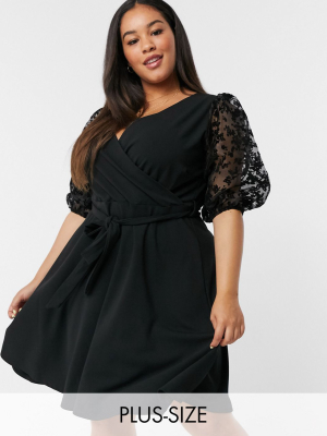 Yours Floral Organza Mini Wrap Dress In Black