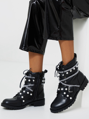 Black Studded Chain Trim Lace Up Biker Boots