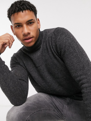 Asos Design Lambswool Roll Neck Sweater In Charcoal