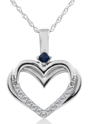 Pompeii3 Diamond Sapphire Heart Pendant 1/6cttw 10k White Gold 3/4" Tall