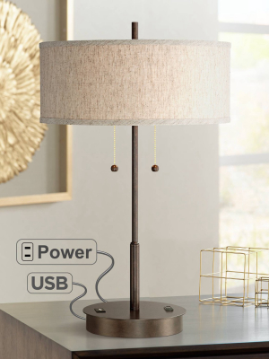 360 Lighting Modern Table Lamp With Hotel Style Usb And Ac Power Outlet In Base Bronze Fabric Drum Shade For Living Room Bedroom Office