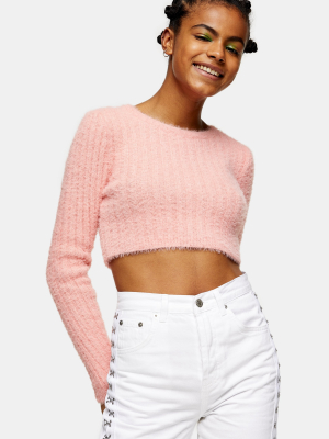 Pink Fluffy Ribbed Cropped Knitted Sweater