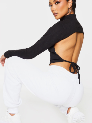 Black Rib Backless Tie Long Sleeve Crop Top