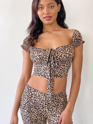 Tall Brown Bardot Leopard Detail Crop Top