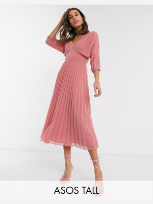 Asos Design Tall Pleated Midi Dress With Batwing Sleeves In Tea Rose