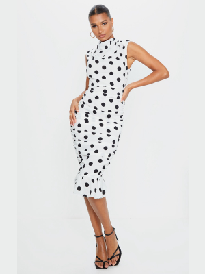 White Polka Dot Sleeveless Ruched Fishtail Midi...