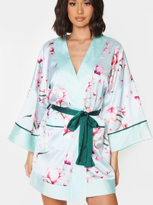 Turquoise Floral Print Satin Kimono Robe