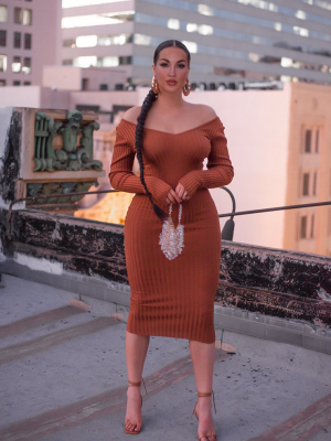 Rust Off Shoulder Rib Knitted Midaxi Dress