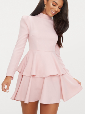 Dusty Pink High Neck Tiered Skater Dress