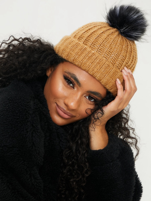 Tan Knitted Oversized Pom Pom Beanie