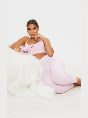 Pink Ribbed Legging And Tie Crop Bralet Pj Set