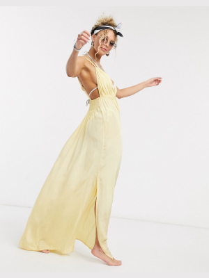 Asos Design Rope Detail V Front Beach Maxi Dress In Golden Yellow